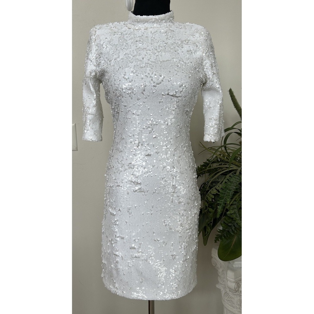 Alice + Olivia Inka White Sequin Stretch Mock Neck Dress Sz 6 - Picture 2 of 7